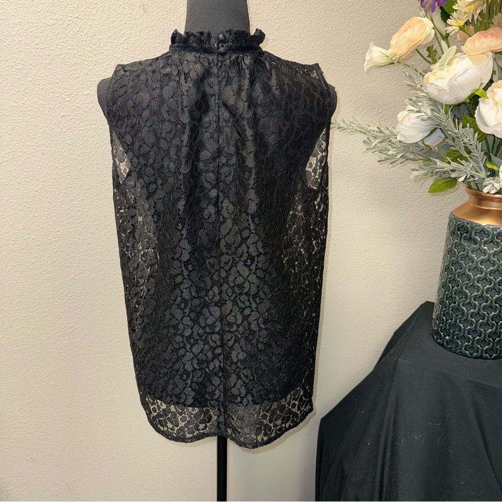 Worthington Black Lace Sleeveless Blouse Ruffle Neck Sheer Floral L - Picture 3 of 7